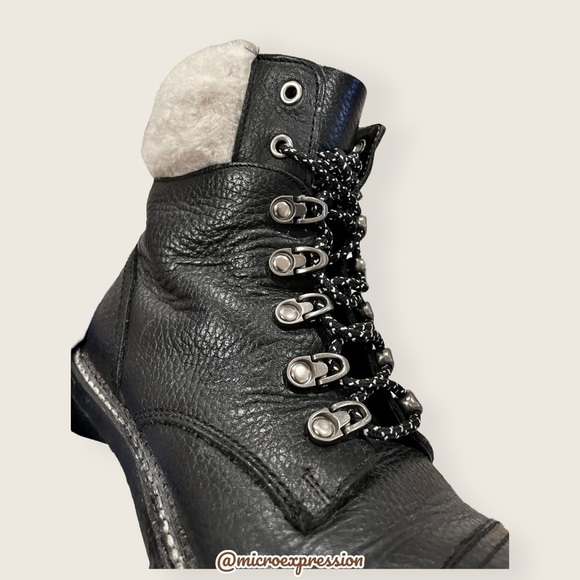 $399 Frye Samantha Black Real Leather Lace Up Shearling Fur Hiking Ankle Boot - Picture 15 of 16